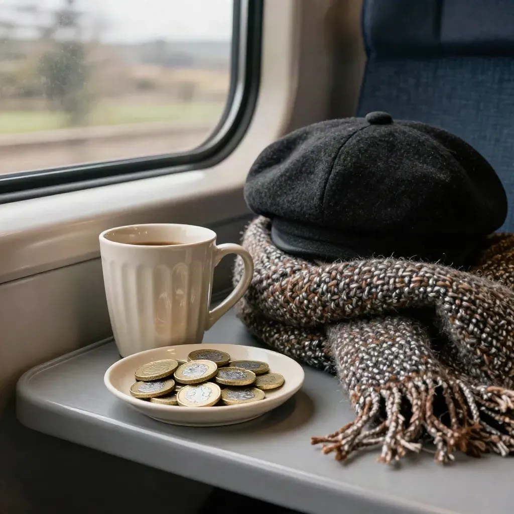 Munten in een schaaltje op een treinstoel met sjaal, beker en muts