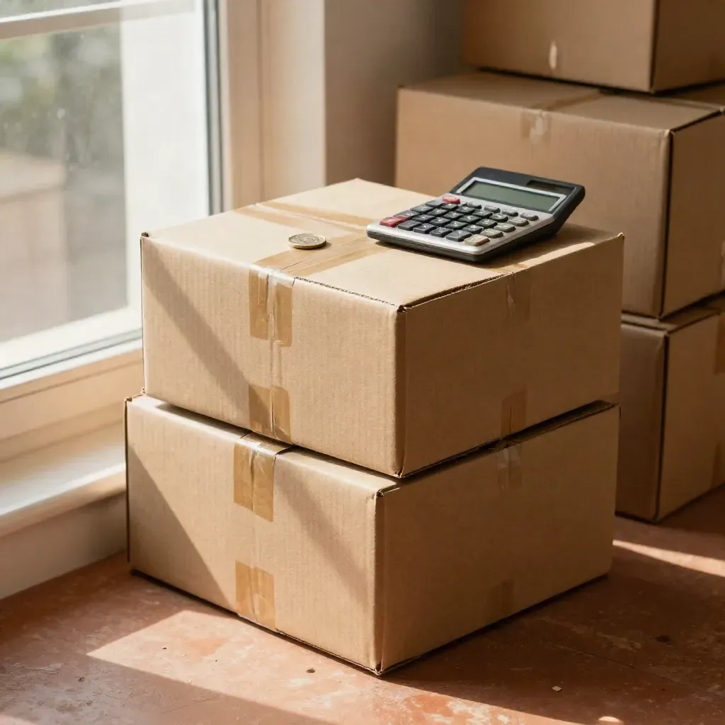 Exportdoos met calculator en euro op een warme werkplek in zacht middaglicht