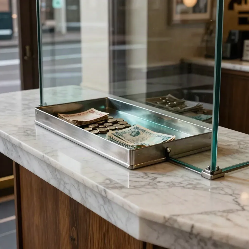Marmeren bankbalie naast een compact wisselloket, gezien door glas en chroom.