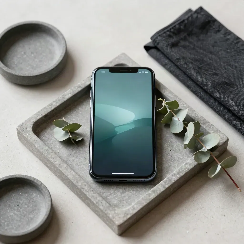 Smartphone met abstracte wisselkoersgloed, eucalyptus, doek en stenen schaal op beton.